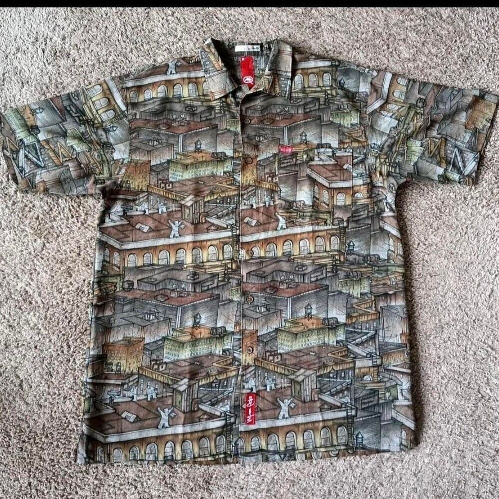 Vintage Marc Ecko Shirt Men’s Size XL AOP Graphic Print Brown Button Up